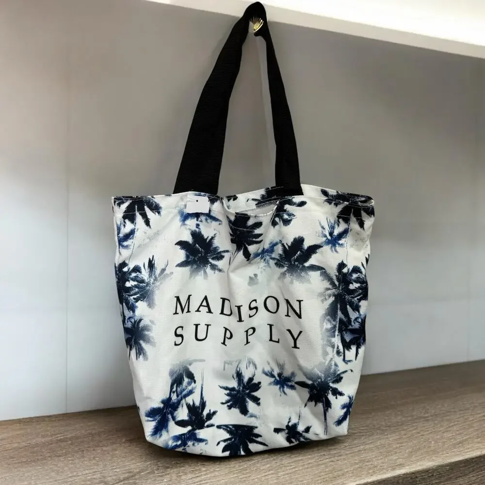 MADISON SUPPLY Canvas Tote Grocery Beach Tote Blue White NWT
